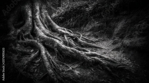Massive Ancient Tree Roots Snaking Across Forest Ground in Stark Black and White Detail