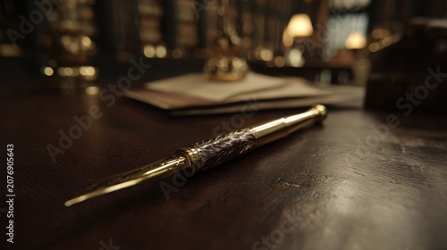Ornate Polished Brass Letter Opener with Antique Design on a Wooden Desk Surface