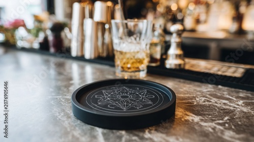 Matte Black Ceramic Coaster with Intricate Geometric Design Resting on a Marble Bar Surface Near a Drink