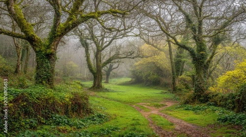 Misty forest clearing with ancient trees and a winding dirt path