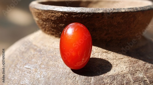 Polished carnelian gemstone with rich orange-red color resting on a textured surface