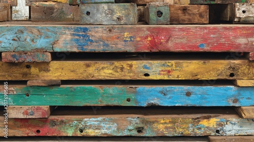 Weathered Reclaimed Wood Planks with Faded Paint and Visible Nail Holes