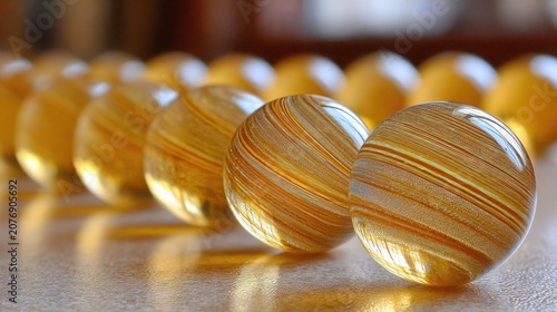 Row of perfectly aligned translucent amber glass spheres with swirling patterns and a warm reflective glow
