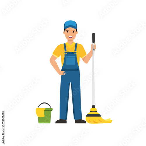 Janitor holding mop and bucket, flat vector illustration