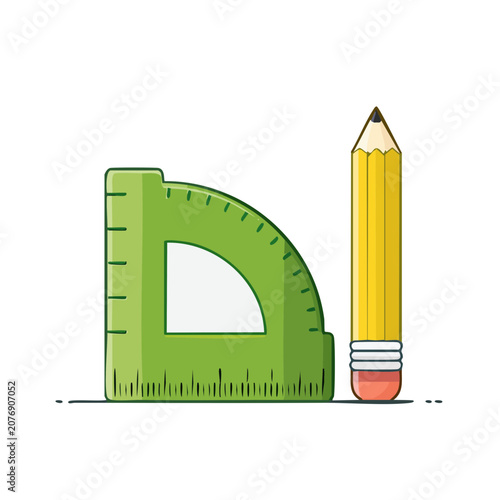 Pencil and Protractor Flat Vector Illustration