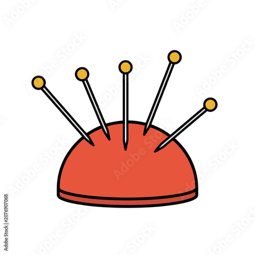 Red pincushion with sewing pins vector illustration