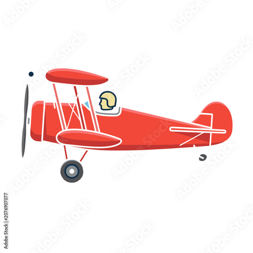 Red vintage biplane with pilot side view vector illustration