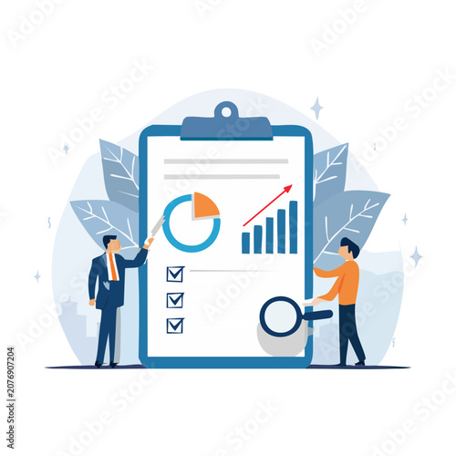 Business team analyzing data on a large clipboard