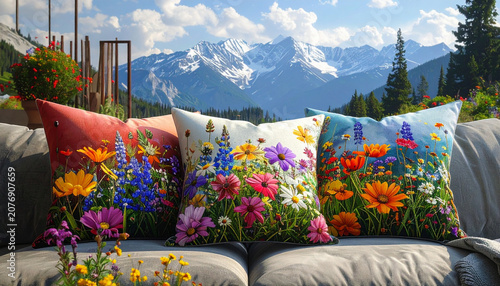 Floral Pillows on Outdoor Sofa with Snowy Mountain View