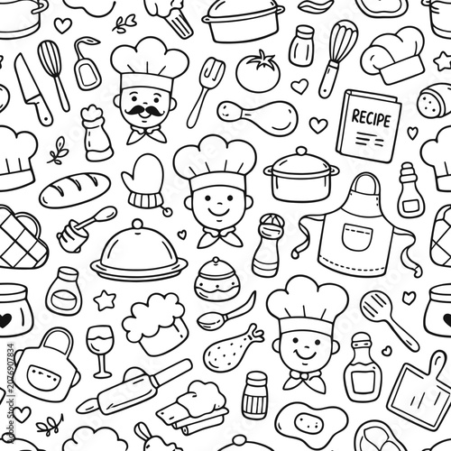 Seamless pattern with cute doodle cooking icons and chefs.