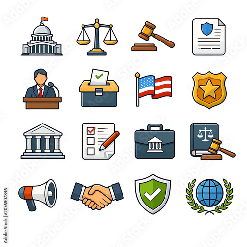 Set of law justice government and political vector icons.