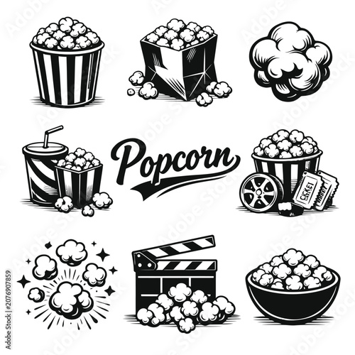 Set of black and white vintage style popcorn illustrations for cinema and movie theater themes.