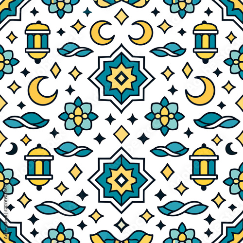 Seamless Islamic Pattern with Lanterns Moons and Stars for Ramadan Kareem.