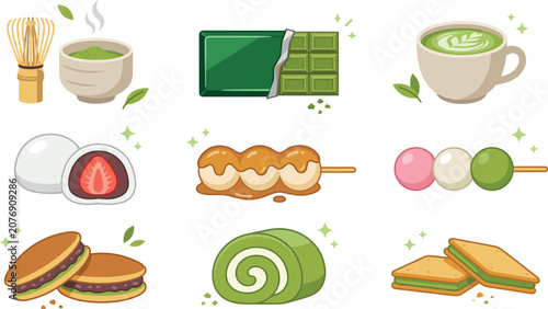 Japanese food and beverage collection featuring matcha tea, chocolate, mochi, dango, dorayaki, roll cake, and sandwiches isolated on white background vector set