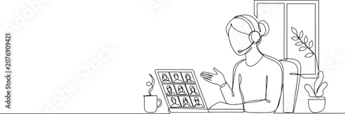 online business meeting. Woman attending mass video conference. online job interview. one line Art icon drawing