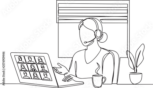online business meeting. Woman attending mass video conference. online job interview. one line Art icon drawing