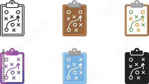 Sports strategy clipboard icons collection featuring football and soccer tactics boards in outline, flat, colorful, and solid styles isolated on white background vector set