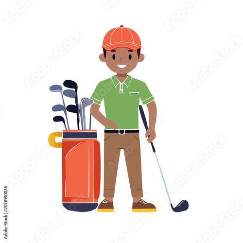 Flat vector illustration of a golfer with golf bag and club