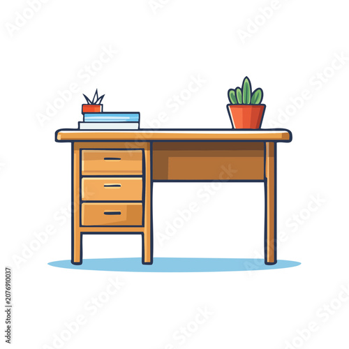 Flat vector illustration of a wooden desk with drawers and plants