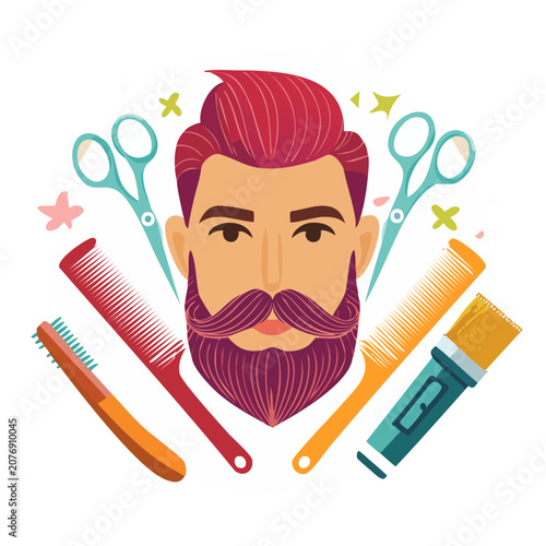 Flat vector illustration of bearded man with barber tools