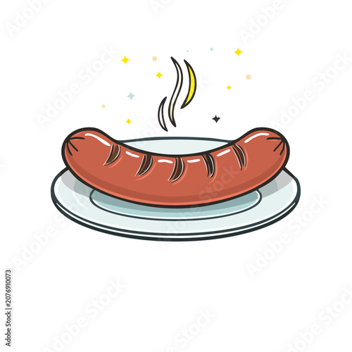 Grilled sausage on a plate with steam illustration