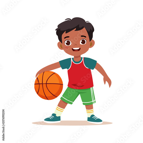 Cartoon boy holding a basketball in flat vector style