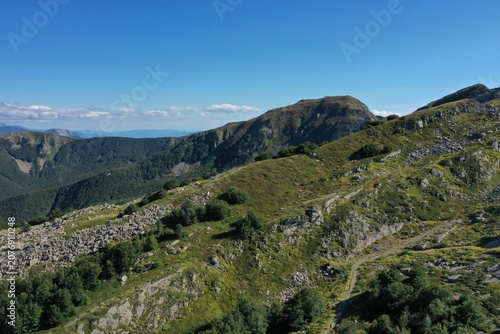Aerial view of Mount La Nuda from the side of the province of Reggio Emilia near the Cerreto Pass in the Apennine Mountains. Cerreto Laghi, Reggio Emilia, Italy 