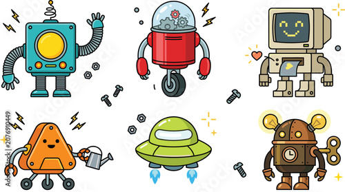 Cuadro en lienzo Cute cartoon robot collection featuring retro bots, flying saucer, AI machine, a