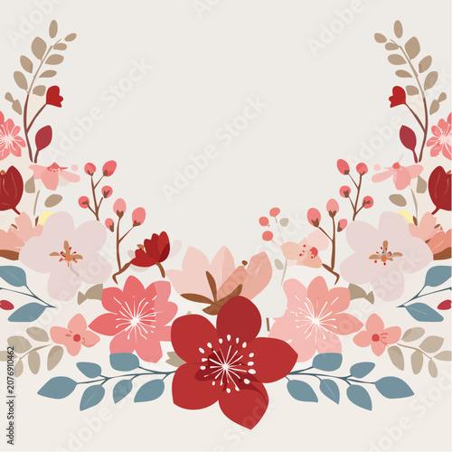 Symmetrical floral border with pink and red flowers