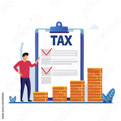 Tax form checklist with man and investment growth illustration