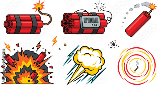 Fotografie Explosive dynamite and detonation effects collection featuring cartoon blast exp