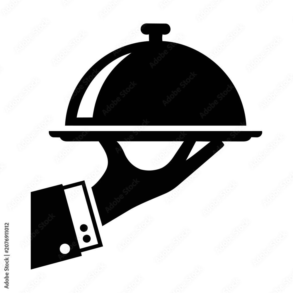 Fototapeta premium Minimalist black and white icon of a formal hand in a suit cuff holding a domed serving tray isolated on white. Luxury hospitality and service concept