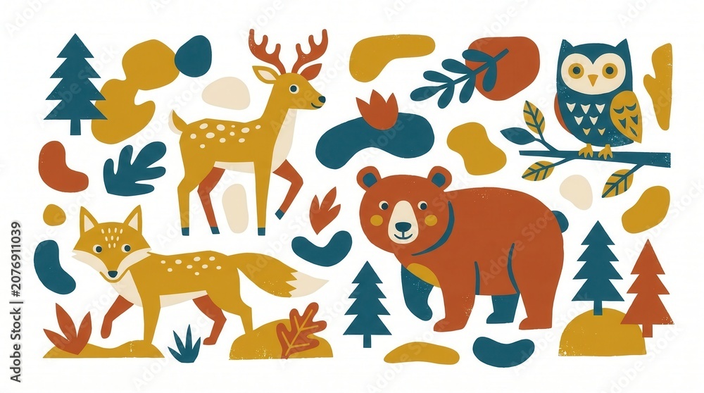 Obraz premium Four friendly forest animals, a deer, fox, bear, and owl, appear in a vibrant outdoor setting