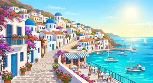 Greek island, whitewashed houses, blue-domed churches, seaside village, Santorini landscape