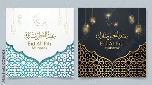 Eid al fitr mubarak greeting cards with arabic calligraphy
