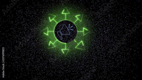 Information technology transfer icon featuring expanding multi directional green neon glowing arrows.