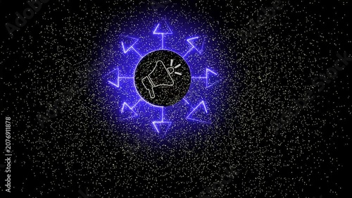 Futuristic network communication loop showing outbound purple neon glowing arrows with abstract particles.