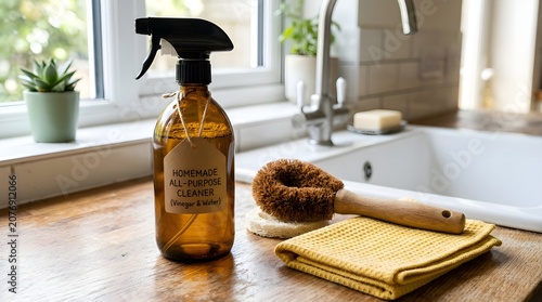 Natural cleaning spray bottle with wooden scrub brush beside a kitchen sink, promoting eco-friendly household cleaning, sustainability, hygiene, and healthy home maintenance.