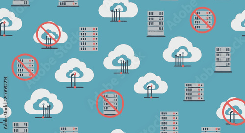 Hand-drawn flat graphic seamless pattern featuring cloud computing ser