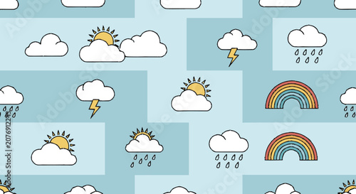Hand-drawn flat graphic seamless pattern featuring a variety of simple