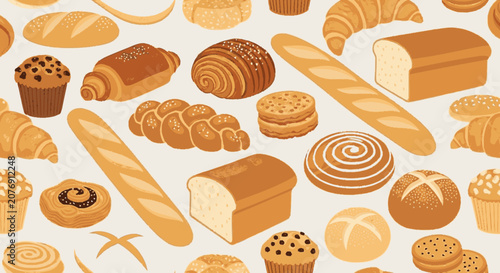 Hand-drawn flat graphic seamless pattern featuring an assortment of fr