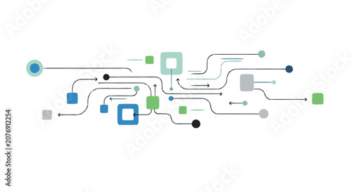 Hand-drawn minimalist flow diagram featuring various blue green grey a