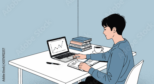 Hand-drawn minimalist illustration of a white desk with an open black 