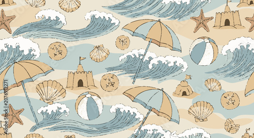 Hand-drawn flat graphic seamless pattern featuring beach elements like