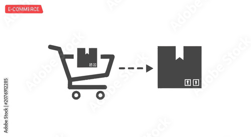 Minimalist flat graphic icon depicting a grey shopping cart with a pac