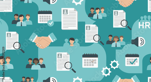 Seamless hand-drawn flat graphic pattern illustrating human resources 