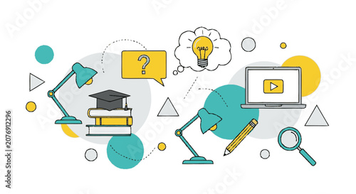 Sketch-style flat graphic illustration of educational concepts with a 