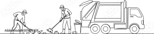 Canvas Print scavenger cleaning masked workers cleaning the environment with garbage truck