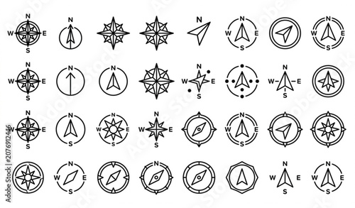 Compass and north arrow line icons set for navigation map design