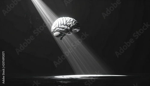 A realistic, gray brain floating in a dark space, illuminated by a spotlight beam
